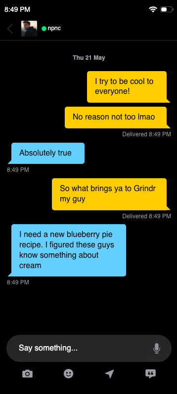 So far this is the best response I’ve have gotten😂 — fake Grindr chat screenshot