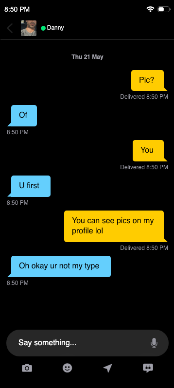 Big yikes — fake Grindr chat screenshot