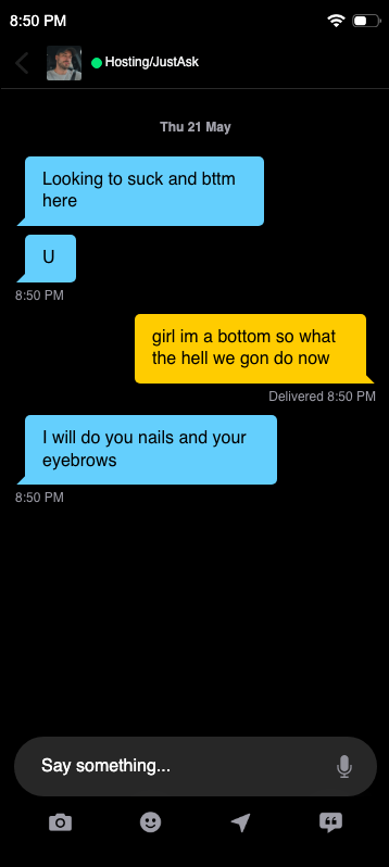 Bottom — fake Grindr chat meme