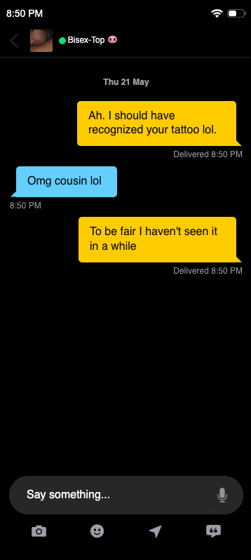 Rural gay America problems. But cousins are okay right? 😂 — fake Grindr chat screenshot