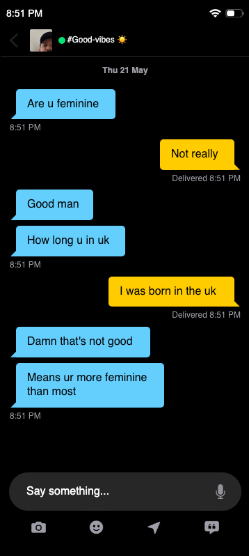 Is it feminine to be born 😂🤦‍♂️ — fake Grindr chat screenshot
