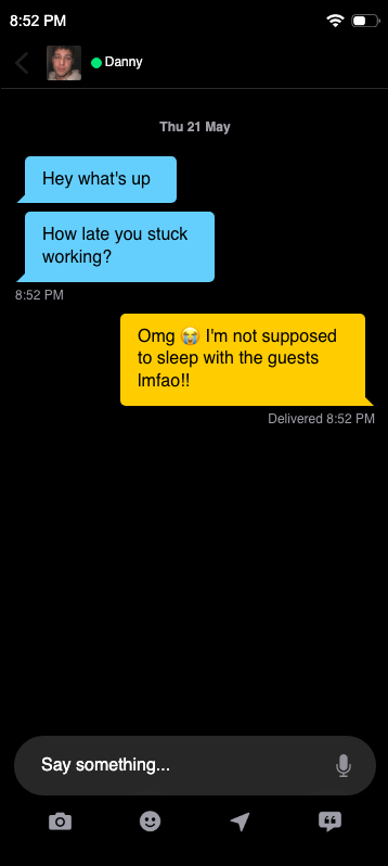 I knew he was eyeing me down at the Front Desk… — fake Grindr chat screenshot