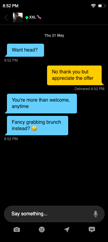 improvise, adapt, overcome — fake Grindr chat screenshot