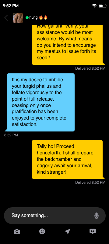 I literally CAN NOT right now lol lord this is hilarious!!!! — fake Grindr chat meme