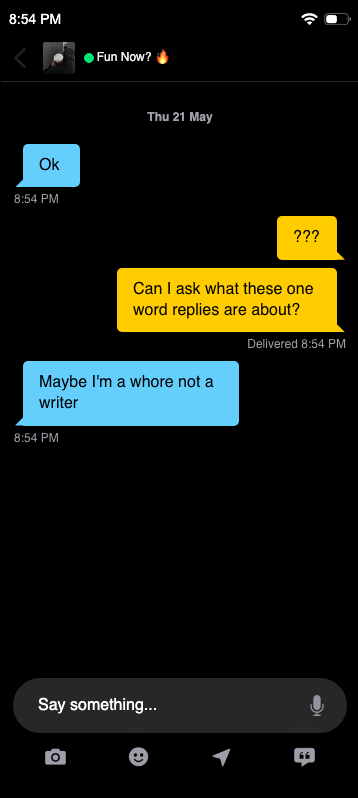 Was only getting one word responses to anything I said, but then I got this glorious sentence. — fake Grindr chat screenshot
