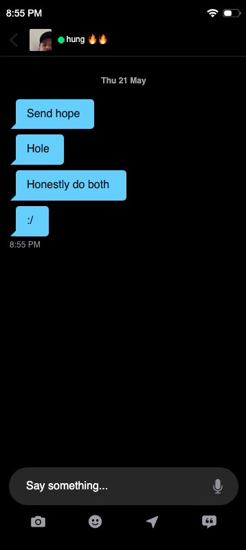 i think we all relate to this in 2020 :( — fake Grindr chat screenshot