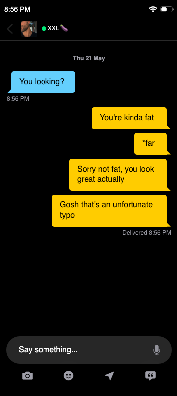Well, fuck — fake Grindr chat screenshot