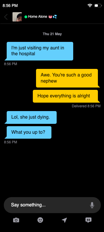 Wishing I was making this up. ⚰️ — fake Grindr chat screenshot